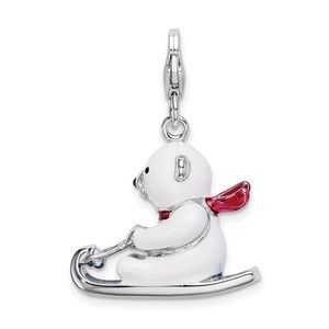 925 Sterling Silver 3-D Enameled Polar Bear on Sled Bracelet Charm Lobster Clasp